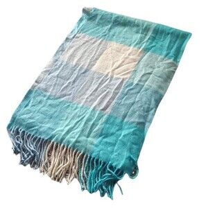 Cashmere Feel 100% Cashmere Blue Plaid Fringe Scarf Made in Scotland